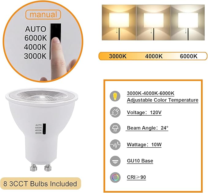 White 8PCS LED Track Lighting with Advanced Replaceable GU10 Bulbs, Switchable 3CCT(3000K/4000K/6000K) and Dimmable Brightness(20%-100%), Versatile Ceiling Spotlight Fixtures for Any Space