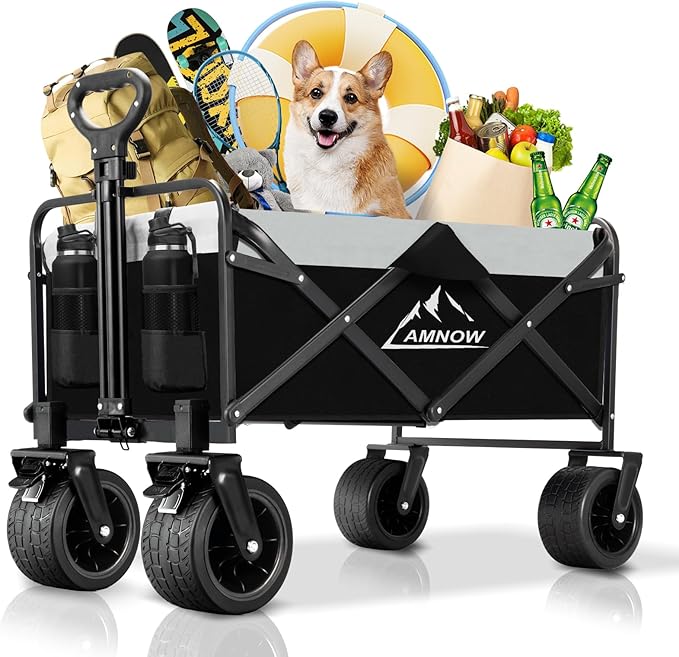 Collapsible Foldable Wagon, Utility Large Capacity Beach Wagon with Big Wheels, Shopping Wagons Cart with Side Pocket and Brakes for Sand Garden Grocery Sports Camping