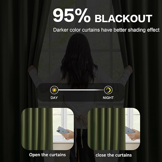 KEQIAOSUOCAI Dark Olive Pinch Pleated Curtains 72 Inches Long for Short Windows, Room Darkening Blackout Curtain Drapes for Bedroom 40 x 72 Inch -2 Panels