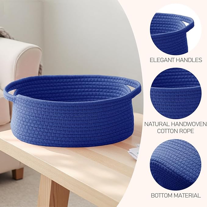 Woven Basket,Small Rope Storage Bin with Handles & Ribbon Bag, Organizer for Shelves Closets,Gift Basket Empty for Birthday,Books,Dog Toys, Navy Blue/3 Pack