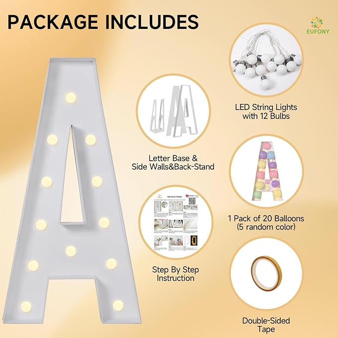 EUFONY Marquee Letters 4 Feet Tall, 4 FT Marquee Light Up Letters, Giant Light Up Letters 4FT for Birthday Party Baby Shower Gender Reveal Graduation Prom Decorations, Letter S with LED Lights DIY Kit