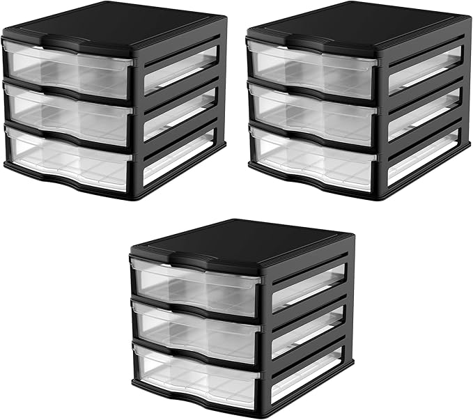 Life Story 3 Drawer Stackable Shelf Organizer Plastic Storage Drawers for Bathroom Storage, Make Up, Or Pantry Organization, Black (3 Pack)