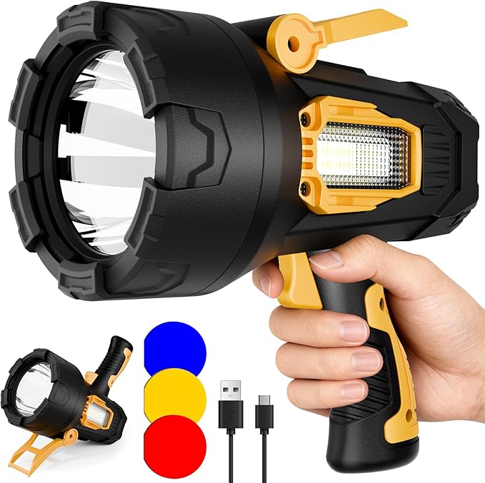 Rechargeable Spotlight Flashlight, 99,000 Lumens Super Bright LED Spotlight with COB Light & Foldable Tripod, 10000ɱAh 30H Long Lasting Large Handheld Spot Light for Huŋting Boating Camping