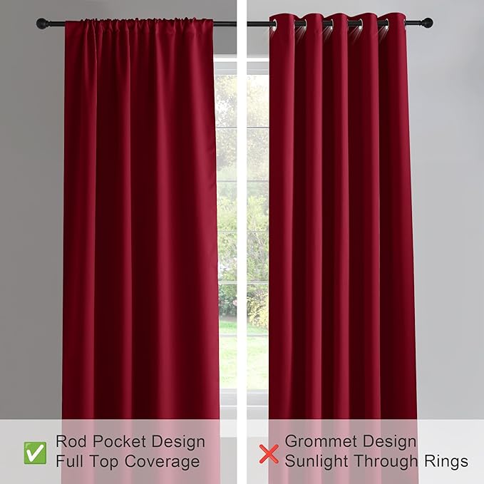 PONY DANCE Christmas Bedroom Curtain Panels Blackout Draperies, Home Decorations Thermal Insulated Solid Rod Pocket Blackout Curtains/Drapes for Winter (2 Panels, 42 x 80-Inch, Burgundy Red)