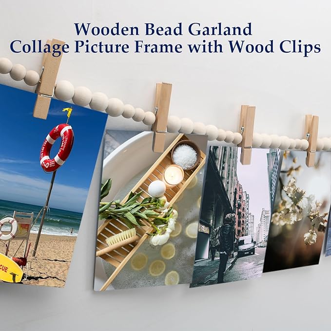Hanging Photo Display Wall Decor with 30 Wood Clips, YuanDe 67 Inches Boho Wooden Bead Garland Collage Picture Frame Photos String DIY, Photo Hanger for Bedroom Office Dorm Room Decor Gifts(2PCS)