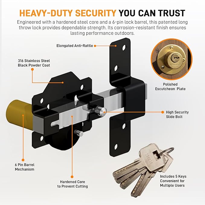 GateMate 2 ¾”(70mm) Single Locking Long Throw Lock, Key Unlock, High Security with Slide Bolt, Stainless Steel & Powder Coated, Corrosion Resistant, Elongated Keep for Gate Drop.