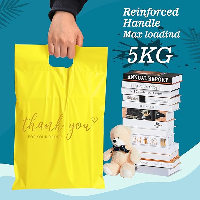 JinRuiKJ Poly Mailers with Handle 12x15.5 Inch 50 Pcs, Easy to Carry Packaging Bags for Small Business, Thank You Shipping Bags with Self Adhesive Strip, Tearproof and Waterproof - Yellow