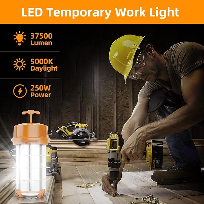 NS 250W Construction Lights Super Bright 37500 Lumens Led Temporary Work Light 5000K Portable Hook Temp Lights,Linkable Durable Job Site Lighting for High Bay Workshop Garage Shop Area Lighting