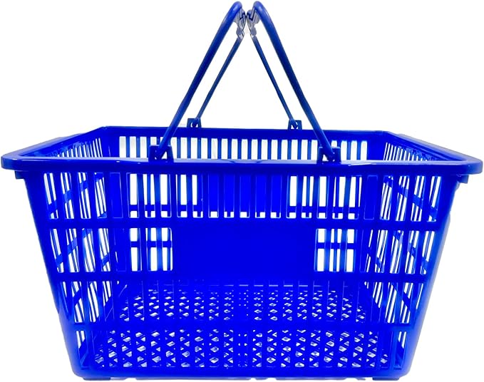 Stackable Plastic Shopping Baskets, Red and Blue, Easy-Grip Handles for Grocery, Retail, Liquor Stores, Home Use (6-pack, Blue)