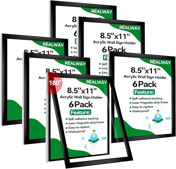 8.5" x 11" Acrylic Sign Holder Wall Mount, Plastic Magnetic Display Frame With Tape,Clear Plexiglass Self-adhesive Plastic Display Frame, Door/Window Sign Holder 6 pack No Drilling