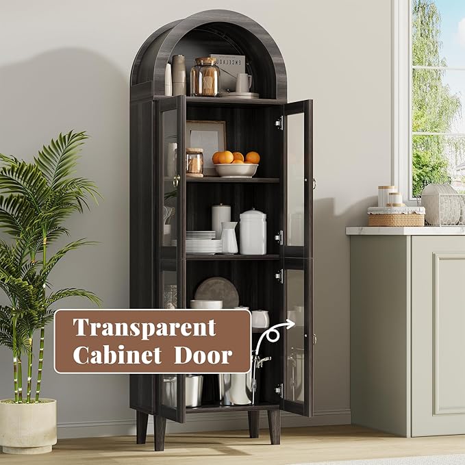 71” Tall Arched Pantry Cabinet with Glass Door, Display Cabinet Organizer, Versatile Pantry with Top-Opening Storage Container for Living, Kitchen Dining Room, Black
