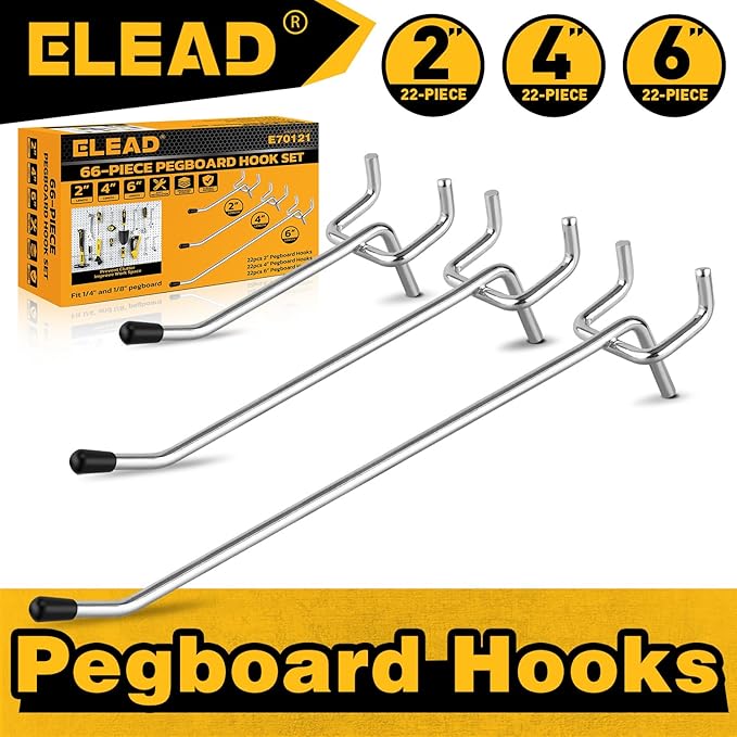 ELEAD 66-Piece 2/4/6 Inch Pegboard Hooks, Heavy Duty Peg Board Organizer Accessories, Peg Board Tool Hangers Fit for 1/4" and 1/8" Pegboard Hanging Tools Garage, Workshop, and Craft Storage