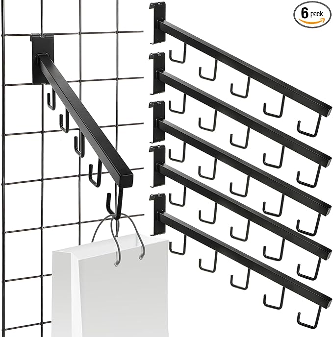 6 Pack Gridwall Waterfall Faceout with 5 Hooks, 16.5 Inch Gridwall Waterfall Hangers, Square Straight Arm Hooks for Wire Grid Retail Clothing Display, Slat Wall Accessories