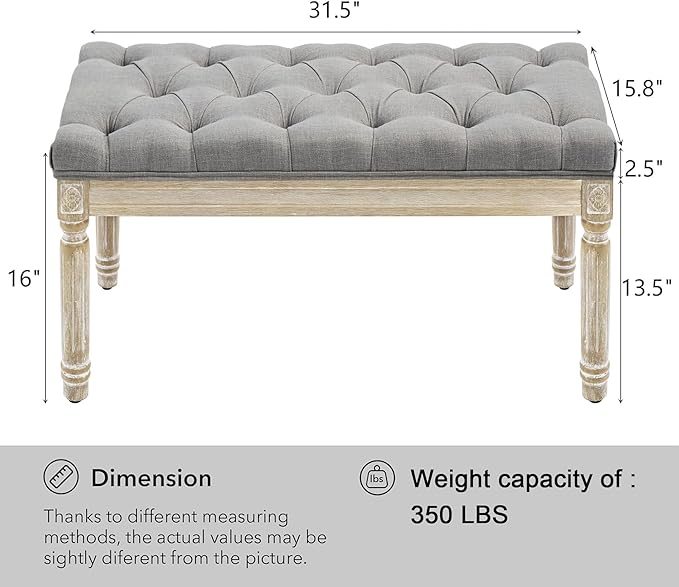 LOULENS French Vintage Bench, Linen Fabric Entryway Bench, Upholstered Tufted End of Bed Bench with Brushed Wood Legs, Grey