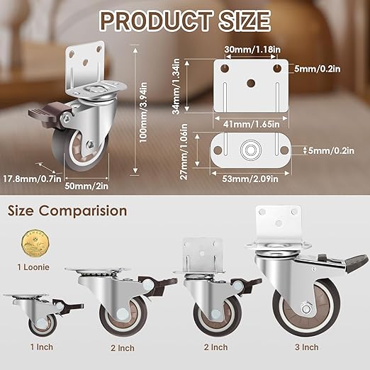 W B D WEIBIDA Side Mount Casters Wheels, 2 Inch L-Shaped Small Rubber Casters Set of 4, 360 Degree Ball Bearing Swivel Casters, Light Duty Casters Wheels for Furniture, Baby Beds, Cabinets, Tables