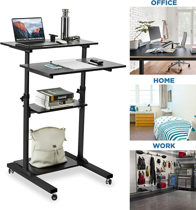 Mount-It! Black Rolling Standing Desk, Adjustable Height up to 54.7", Portable Laptop Podium Desk on Wheels, Mobile Computer Workstation with 4 Shelves, Presentation Cart for Home Office or Classroom