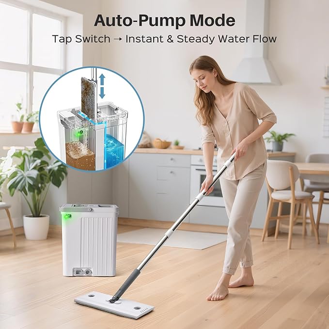 Mop and Bucket Set with AUTO Pump, 3-Zone Separate Dirty and Clean Water Floor Mop, Flat Mop and Bucket System with Wheels and Wringer, 4 Reusable Pads, One-Touch Water Filling for Floor Cleaning
