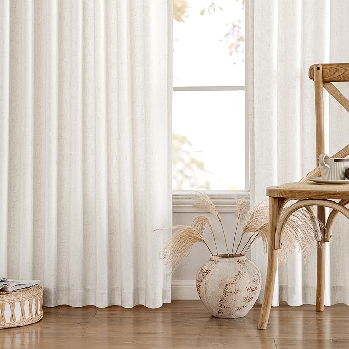 MIULEE Non-See-Through Privacy Linen Curtains 2 Panels, Light Filtering Window Curtains Farmhouse Textured Back Tab Semi Sheer Drapes for Bedroom Living Room, 52 x 102 Inches Long, Natural White