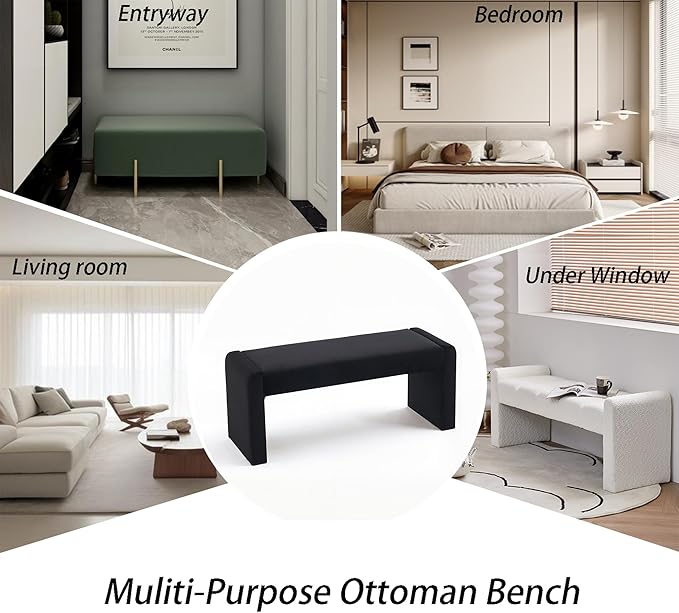 Velvet Entryway Bench End of Bed Bench Upholstered Modern Window Bench Comfy Ottoman for Dining Room/Bedroom/Living Room/Hallway/Indoor (Black)