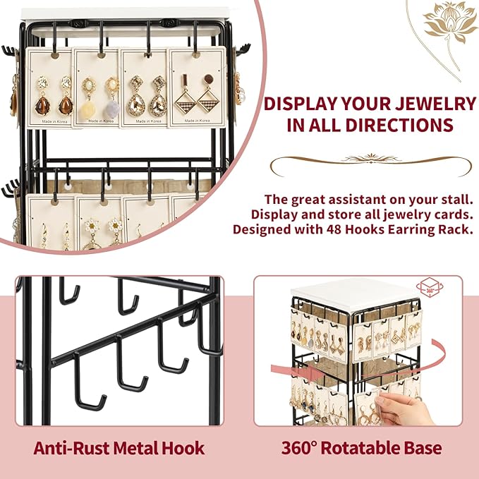 360 Rotating Earring Display Stands for Selling, Earring Rack Display Holder Stand, Jewelry Display for Vendors Selling Earring Cards, Necklaces, Bracelets, Hair Accessories (48 Hooks)