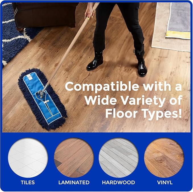 Nine Forty 36" Premium Nylon Dust Mop with Wood Handle - Heavy Duty Mop Head for Industrial, Commercial, and Residential Cleaning - Dry Floor Duster for Hardwood Surfaces and Commercial - Blue