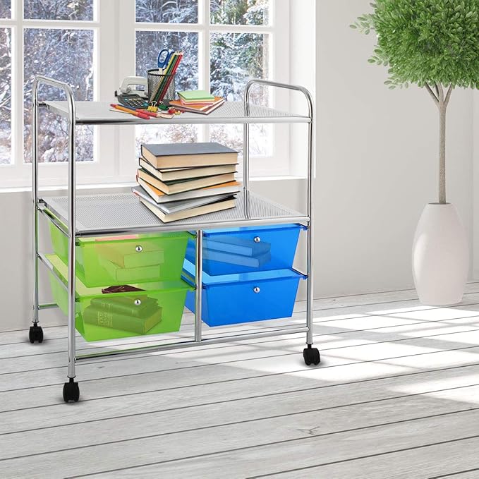 Giantex Rolling Storage Cart w/ 4 Drawers 2 Shelves Metal Rack Shelf Home Office School Beauty Salon Utility Organizer Cart with Wheels (Blue & Green)