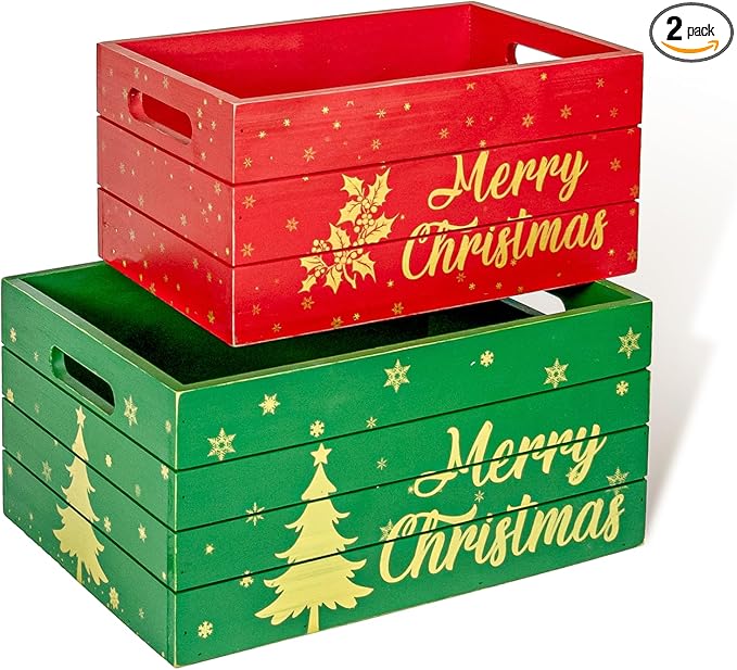 Red Co. Set of 2 Red and Green Decorative Nesting Wooden Merry Christmas Storage Crate Organizers with Golden Lettering