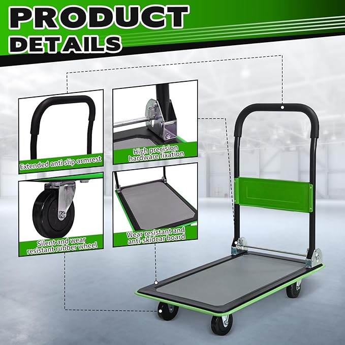 Green Folding Platform Hand Truck 330 lbs Capacity, Heavy Duty Flatbed Cart with 360° Swivel Silent Wheels, Non-Slip Alloy Steel Dolly for Warehouse, Delivery, and Storage – Foldable Design
