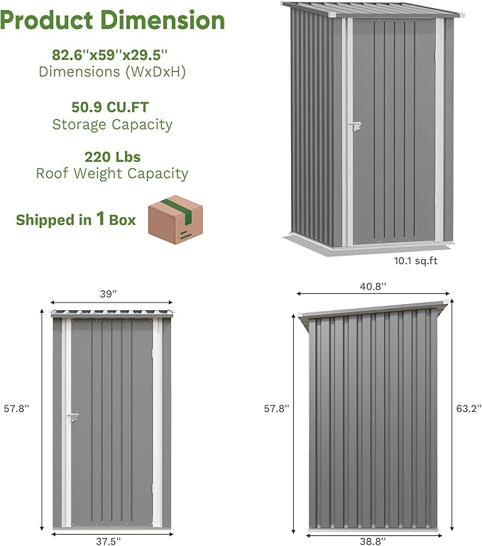 Greesum 3×3FT Outdoor Storage Shed, Metal Sheds with Sloping Roof and Lockable Single Door, Steel Tool Shed for Backyard, Bike, Patio, Garage, Lawn, Dark Gray
