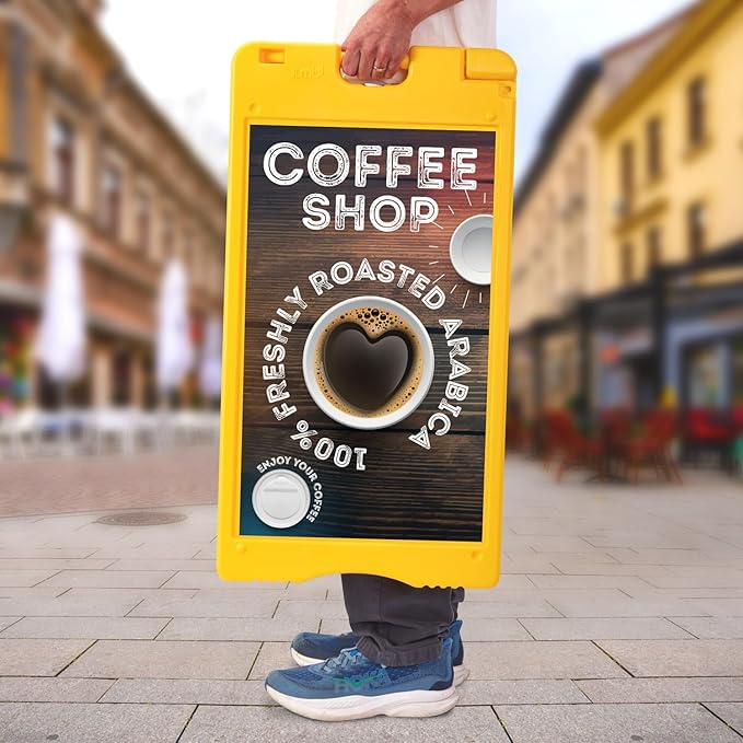 Jumbl A-Frame Signboard 15.7” x 26” Display Surface – Small Outdoor Sandwich Board w/Weather Resistant PVC Sign Protector & Sand Fill Holes – Dual Signage Stand for Storefront Sidewalk Curb (Yellow)