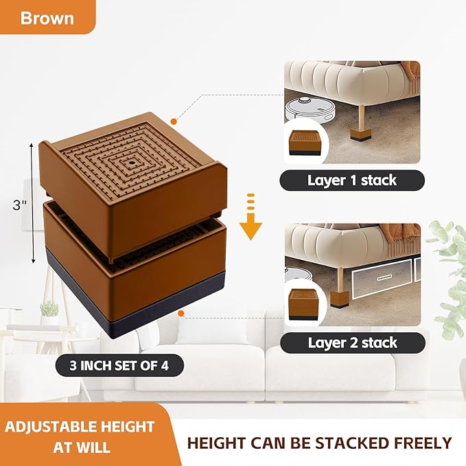 Bed Risers, Furniture Raise Blocks, 3 inch Stilts Heavy Duty for Bed Couch Desk Sofa Table Lifts, Furniture Legs Lifters Support up to 1300 Lbs (Brown, 4 Pack Set)
