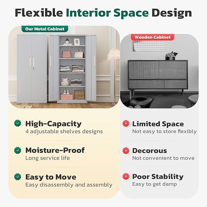 Greenvelly 63" H Metal Storage Cabinet Dark Grey, Locking Metal Cabinet, Store Tools, Clothes, Tableware and Toiletries, Garage Cabinets with Adjustable Shelves for Office, Home, Garage, Pantry