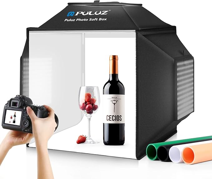 PULUZ Portable Photo Studio Light Box, 16x16 inch Professional Dimmable Shooting Tent Kit Soft Box with 480pcs LEDs Lights 4 Backdrops for Jewelry and Small Product Photography Props Upgrade 16 inch