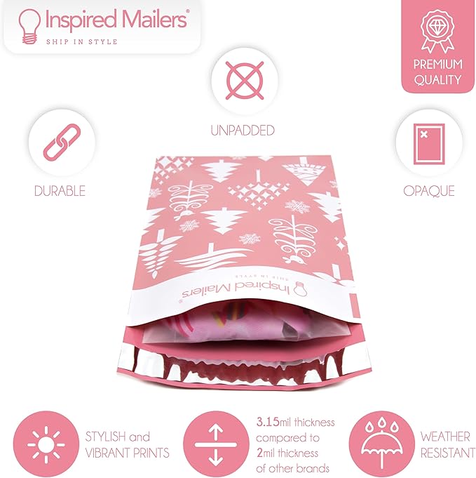 Inspired Mailers - Holiday Poly Mailers 6x9-100 Pack - Christmas Trees (Rose Gold) - Small Holiday Mailers - Cute Packaging Bags for Shipping - Christmas Poly Mailer 6x9