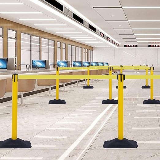 OangeStar 4-Pack Commercial Crowd Control Stanchions with 10ft Retractable Belt, Heavy Duty Queue Barriers for Events, Black Rubber Base Post for High Traffic Areas, Banks & Retail Stores, Yellow