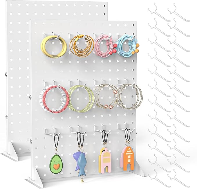 2 Pcs Metal Pegboard Display Stand with 24 Peg Hooks for Retail Crafe Shows&Fairs,White Merchandise Display Rack for Seling Accessories,Display Stands for Boutique,Stores(16*12 inch)