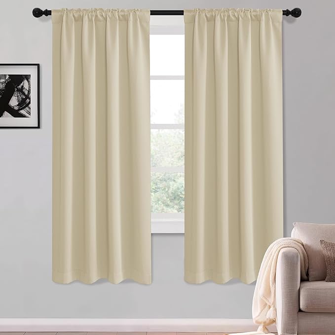 KGORGE 63 inch Curtains 2 Panel Set, Privacy Thermal Insulation Noise Reducing Room Darkening Drapes for Kids Room Nusery Office, Back Tab Rod Pocket, W52 x L63 inches, Biscotti Beige, 2 Panels