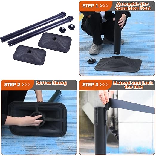 4 Pack Crowd Control Stanchion Set, Black Posts with 10FT Retractable Belt, Space-Saving Rectangular Heavy Base, Queue Barrier for Events & Traffic Management