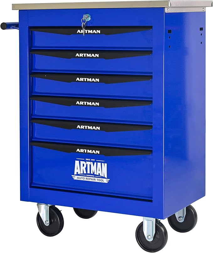 6 Drawers Tool Cart on Wheels with Stainless Steel Worktop, Heavy Duty Mobile Rolling Drawer Tool Chest with Locking Wheels & Lockable Drawers, Garage Tool Storage Cabinet (Blue, 6 Drawers)