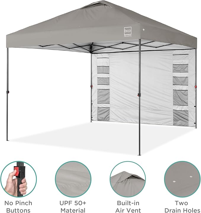 Best Choice Products 10x10ft Easy Pop Up Canopy w/Side Wall, 10 Pockets, Portable Carrying Case, 1-Button Setup, 4 Weight Bags - Light Gray