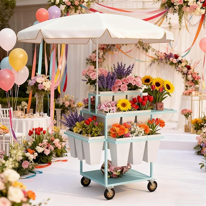 Metal Garden Cart Plant Stand with 18pcs Buckets and parasols, Slide Out Rolling Flower Display Rack, for Florist, Patio Garden, Weddings Party, Business Market (green)