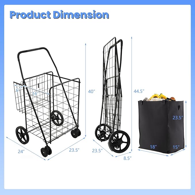 COSTWAY Folding Shopping Cart, Metal Grocery Cart with Extra Basket, 360° Swiveling Front Wheels & Comfortable Handle, Light Weight Collapsible Utility Cart for Laundry, Camping (Upgraded Black)