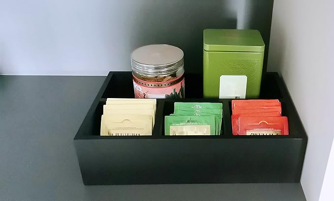 Tea Bag Organizer Wood Black, 4 Compartments Tea Bag Holder, Large Capacity Sugar Packet and Coffee Station Organizer, Tea Bags Caddy Drawer Storage Container for Countertop