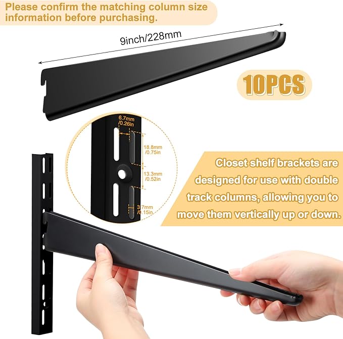 10 Pack Adjustable Shelf Brackets for Double Track System Closet Organization Heavy Duty Wire Shelf Brackets (Black,9 Inches)