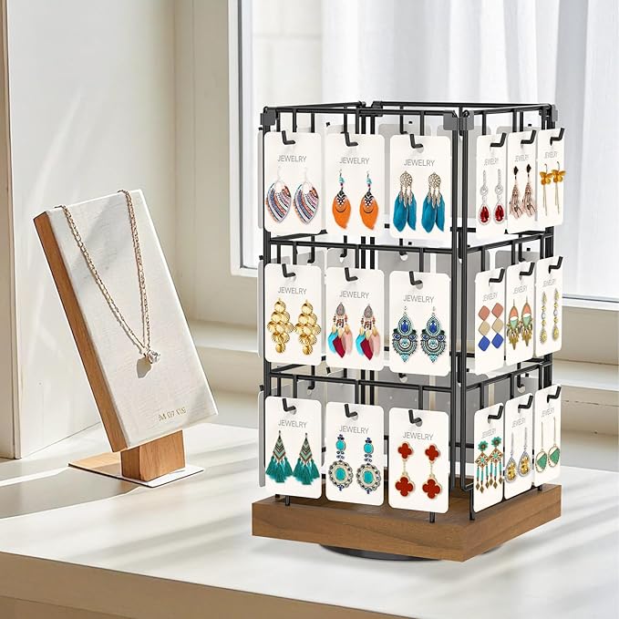 EsLuker.ly Rotating Earring Display Holder Stand for Vendors Events Selling, Large Capacity 36 Hooks Jewelry Rack with Wooden Base for Earring Card Sales, Enhances Retail Visibility(Brown)