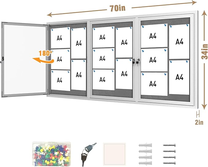 Mifuro 70"x34" Enclosed Bulletin Board, Outdoor Lockable Weather-Resistant Aluminum Cork Noticeboard for School & Office, Silver Frame w/Grey Flet