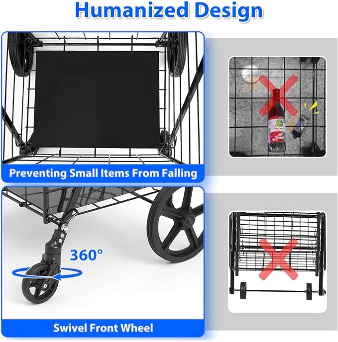 Siffler 33.6Gal Grocery Cart on Wheels, Foldable Utility Heavy Duty Shopping Carts with Double Basket Large Capacity and 360° Rolling Swivel Wheels for Groceries Laundry Transport (Black, Large)