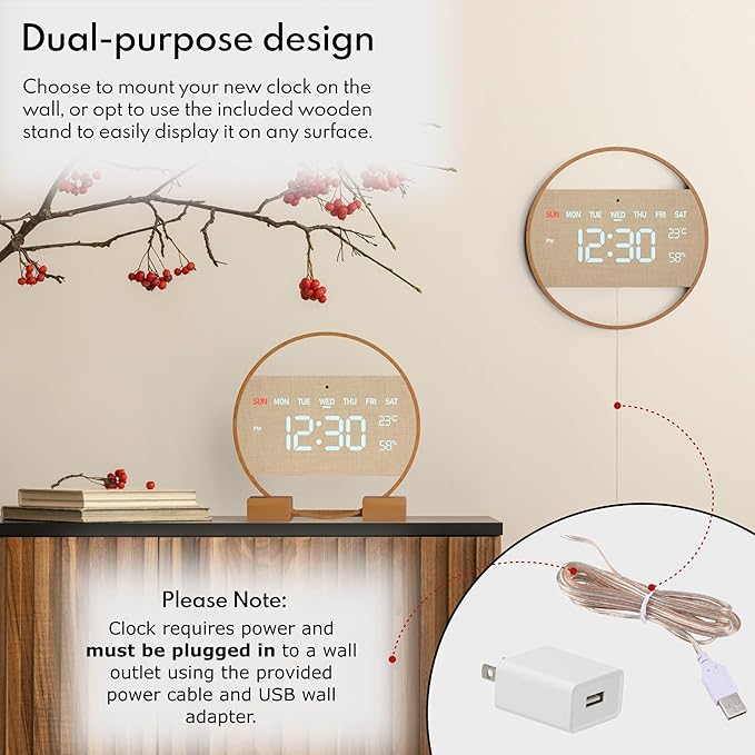 Driini Modern Large Digital Wall Clock - Bamboo Wood with Large LED Display- Day of Week, Time, Temperature, and Humidity - Aesthetic Living Room Clock or Office Wall Clock - Desk or Wall Mount.