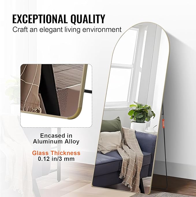 VEVOR Full Length Mirror, 71'' x 30'' Large Gold Arched Floor Mirror with Stand Aluminum Alloy Frame, Free Leaning Hanging Wall Mounted, Full Body Mirror for Bedroom Living Room