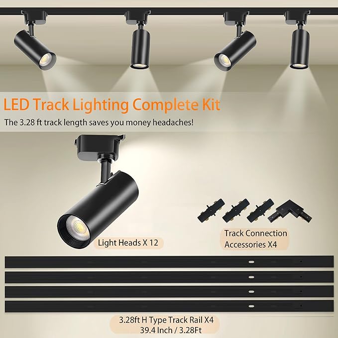 Ultra-Bright Black H Type Track Lighting Kit 3000K Warm White, 12 Heads 20W 2400lm with 13.1FT Track Rails, Dimmable Plug in LED Track Lights Modern Indoor Spotlight Fixture
